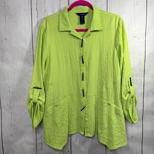 Ali Miles Lime Green Textured Button Front Tunic Top Artsy Lagenlook Boho Chic